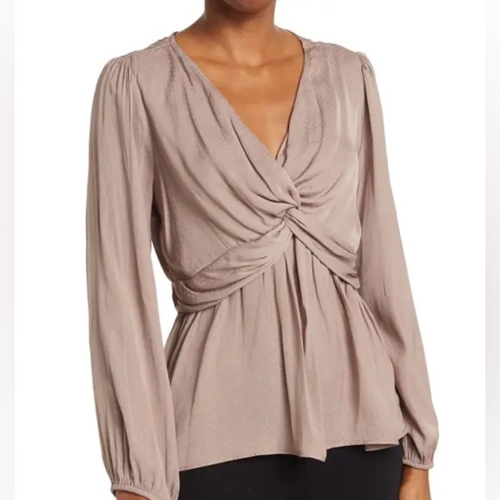 PLEIONE TWIST FRONT SATIN BLOUSE IN TAUPE
